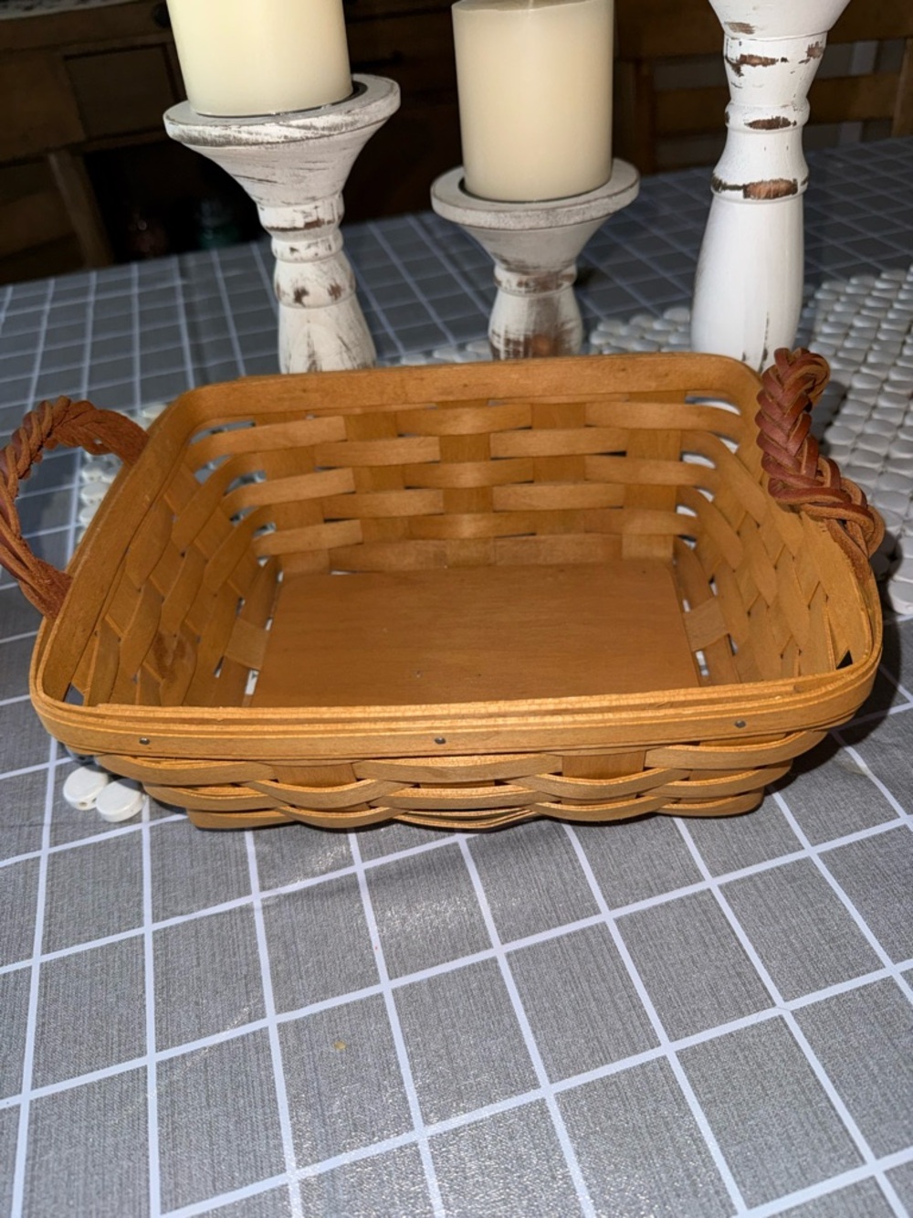 Longaberger Tan Woven Rectangular Basket with leather Braided Handles